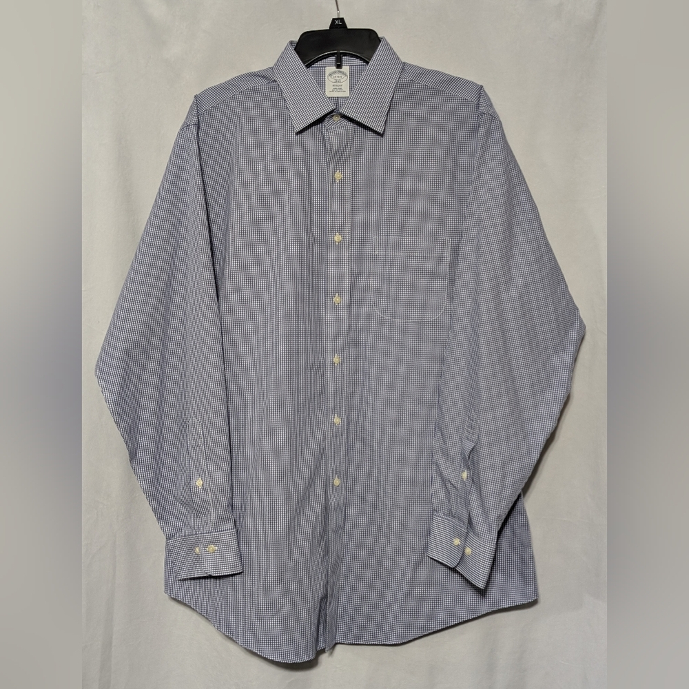 🌷EUC Brooks Brothers Regent Fit Non-Iron Blue Gingham Print Dress Shirt 17-4/5